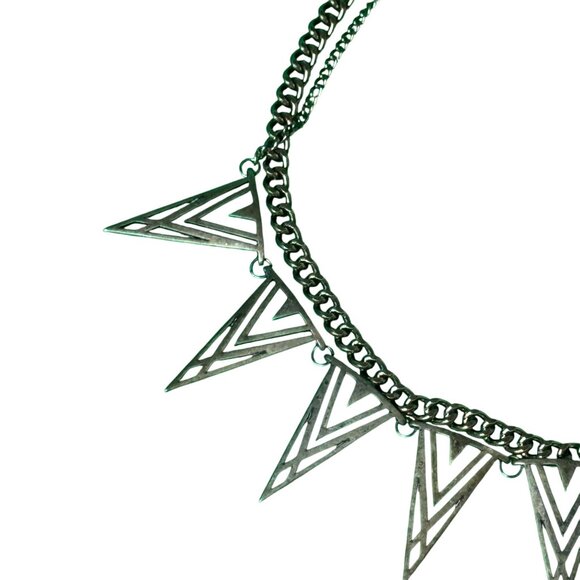 W Necklace Earring Set Triangle Pendants Geometric Design Double Chain Gold-Tone - Picture 9 of 14